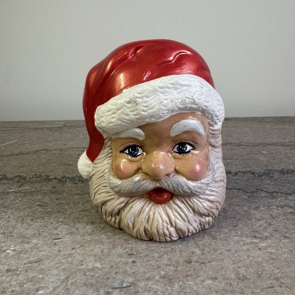 Vintage Christmas Santa Head Figurine Hand Painted Ceramic Pottery Craft Doll